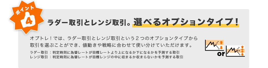 ポイント４ ラダー取引とレンジ取引。選べるオプションタイプ！